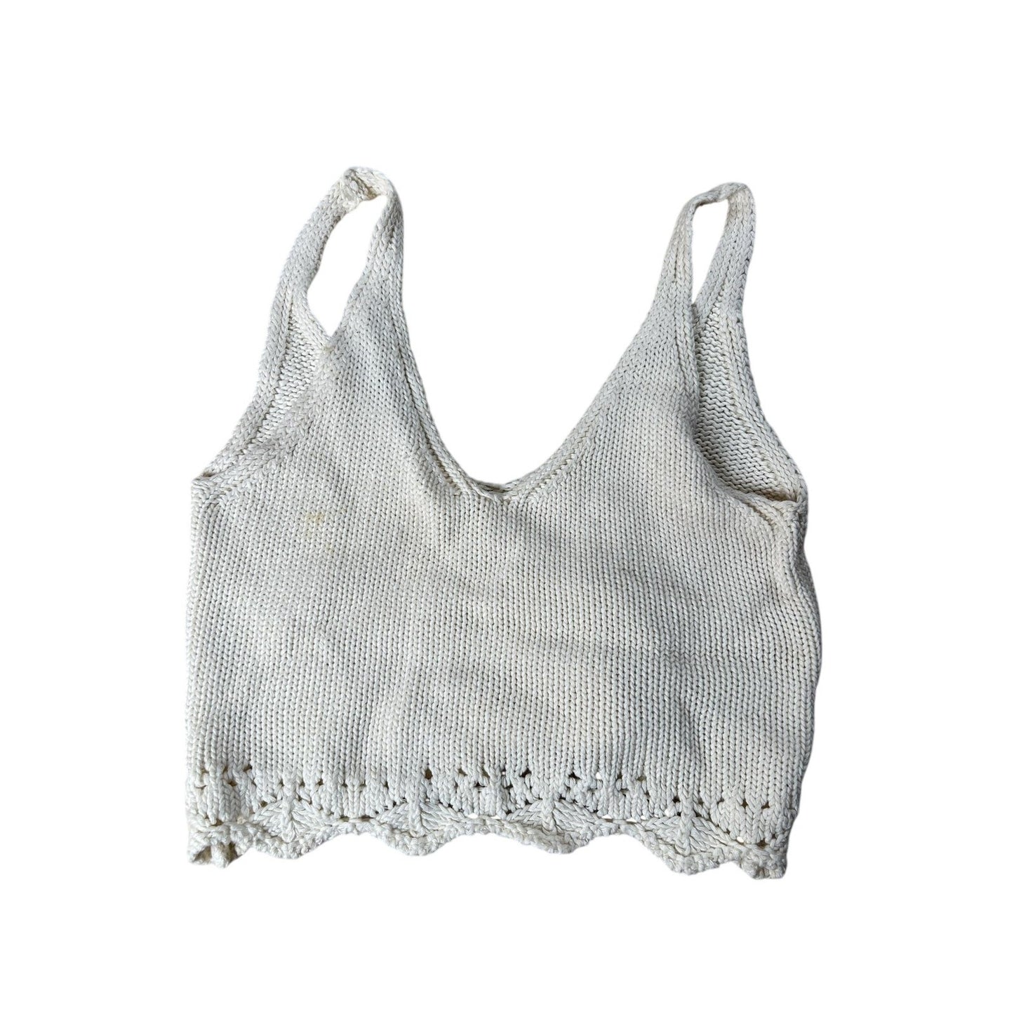 Tank Womens M White Cropped V-Neck Crochet Trim 100% Cotton Summer Lightweight