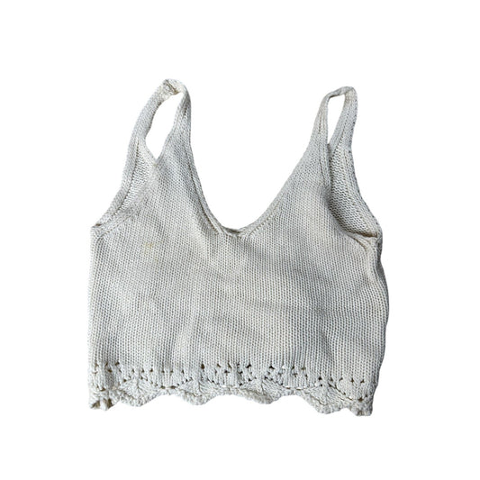 Tank Womens M White Cropped V-Neck Crochet Trim 100% Cotton Summer Lightweight