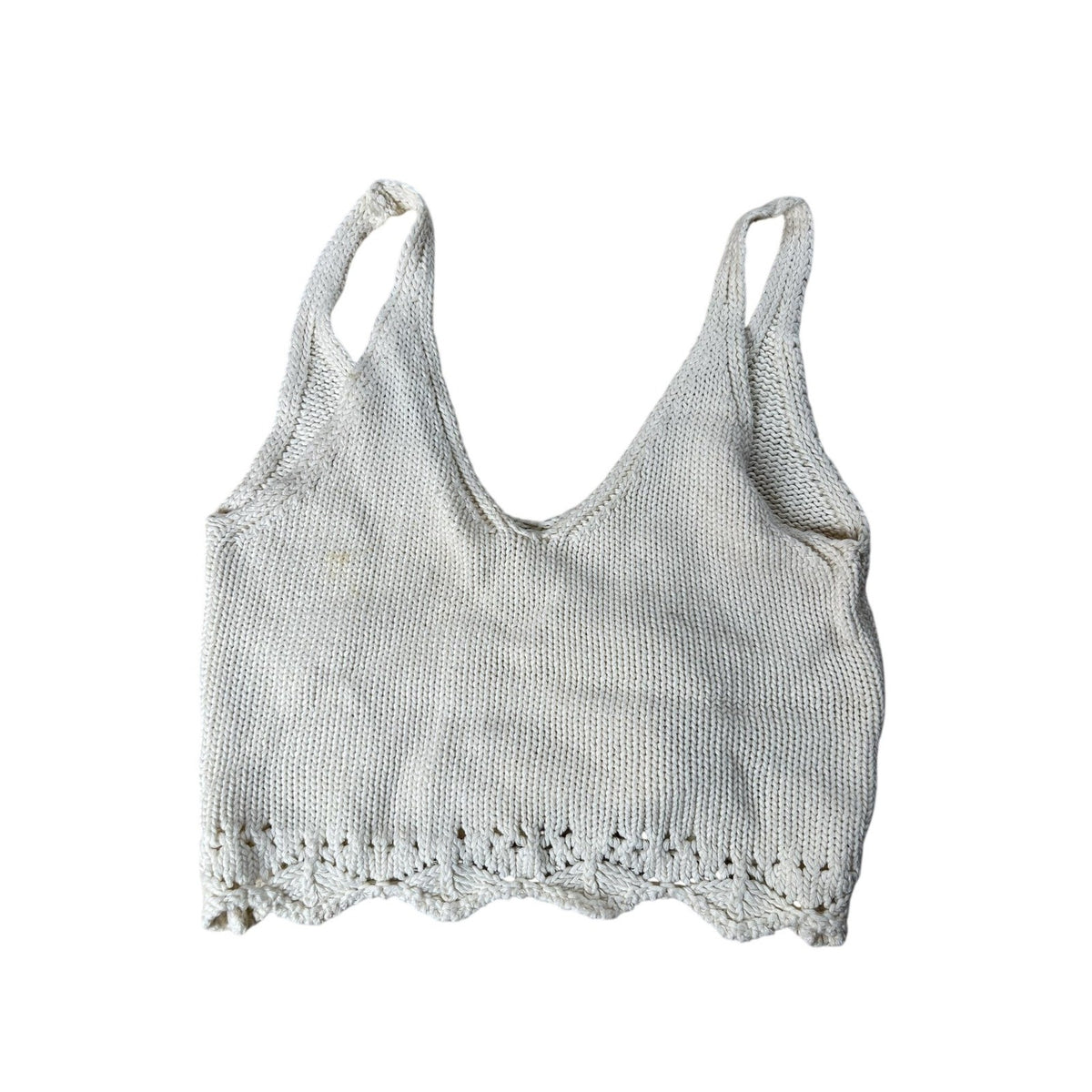 Tank Womens M White Cropped V-Neck Crochet Trim 100% Cotton Summer Lightweight