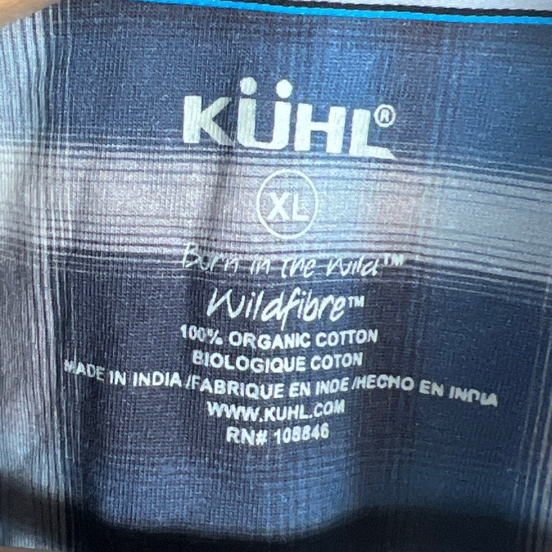 Kuhl XL Wildfiber 100% Organic Cotton Short Sleeve Blue Button Up Shirt Plaid