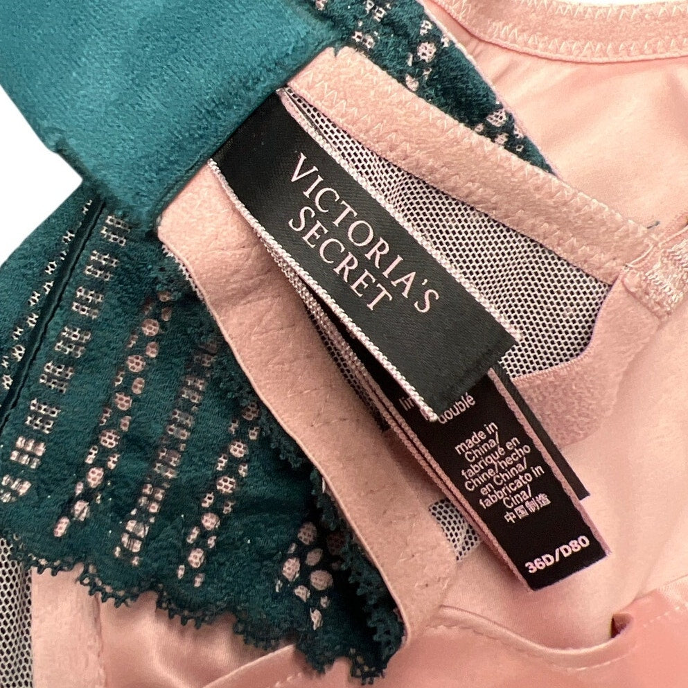 Victoria Secret 36D Green/Pink lace Embroidered Lined Plunge Bra