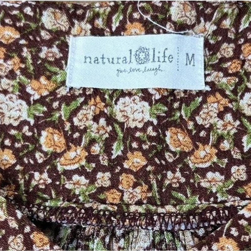 Natural Life Blouse Womens M Brown Tunic Floral Rayon Puff Sleeve Casual