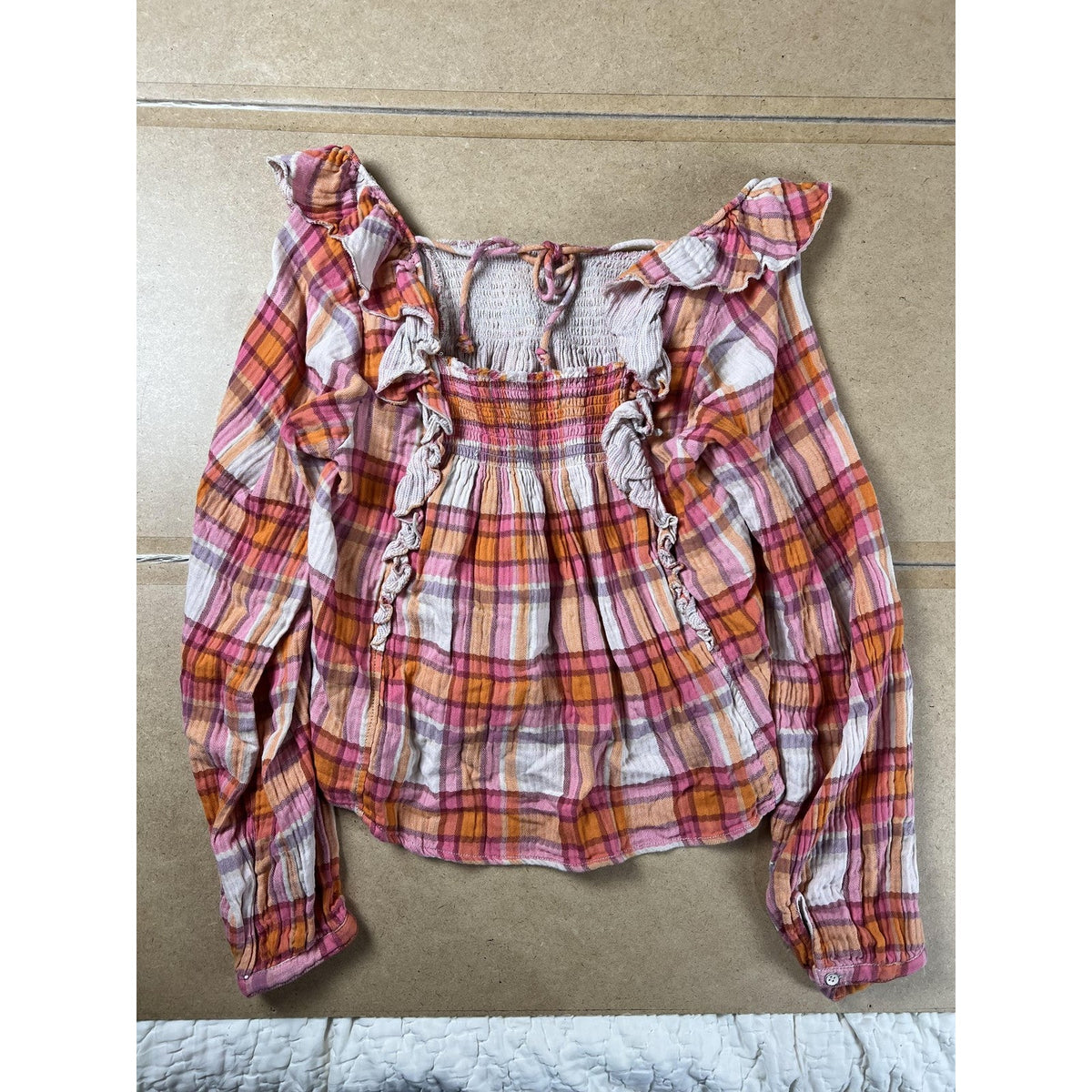 We The Free Blouse Womens M Pink Cropped Plaid Square Neck Ruffle Cotton