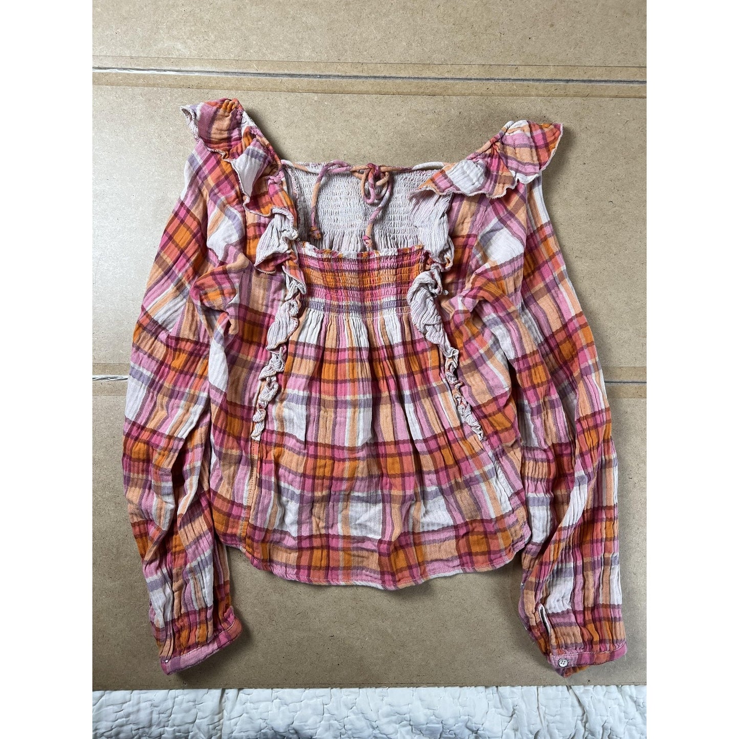 We The Free Blouse Womens M Pink Cropped Plaid Square Neck Ruffle Cotton