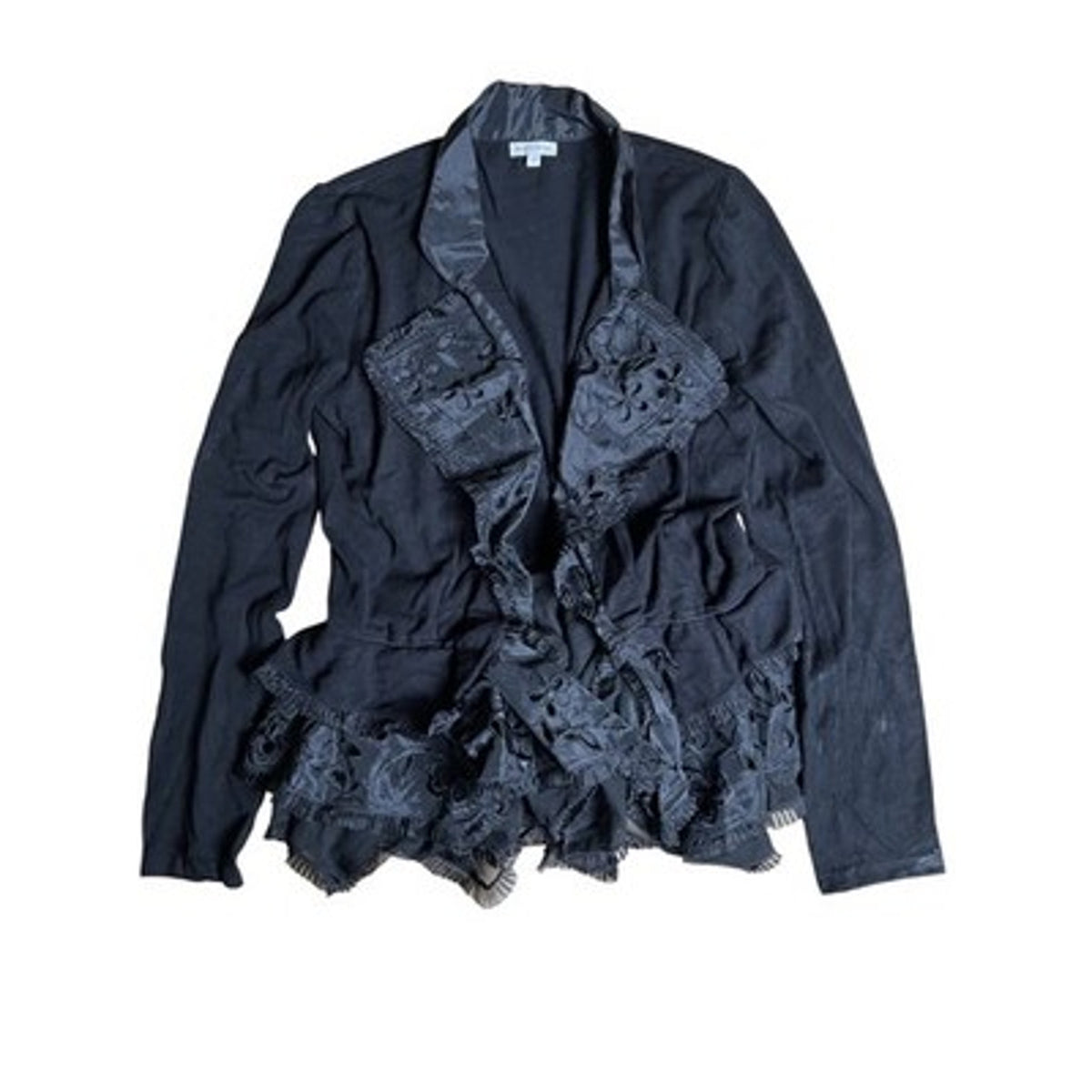 Boston Proper Cardigan Womens L Black Ruffle Embroidered Lightweight Knit