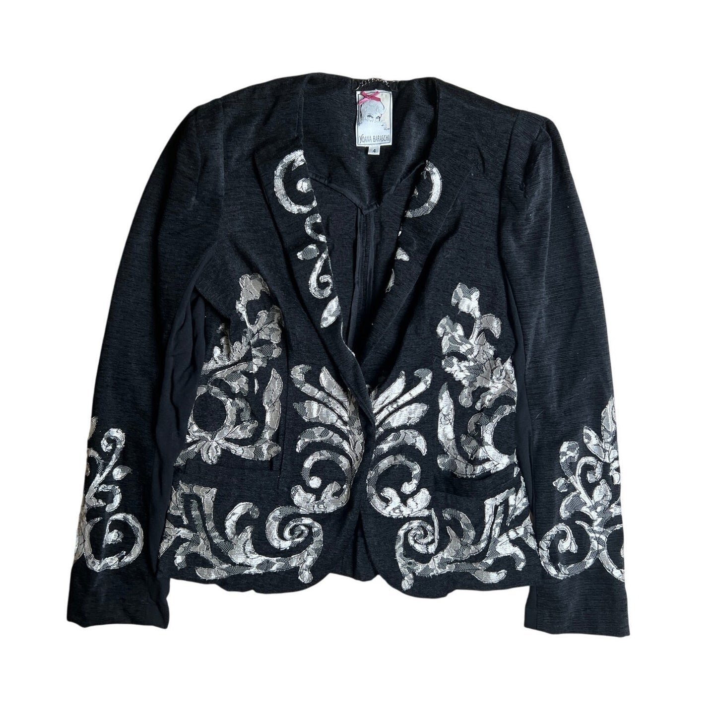 Yoana Baraschi Lace Embroidered Black/White Womens Suit Jacket Size 4