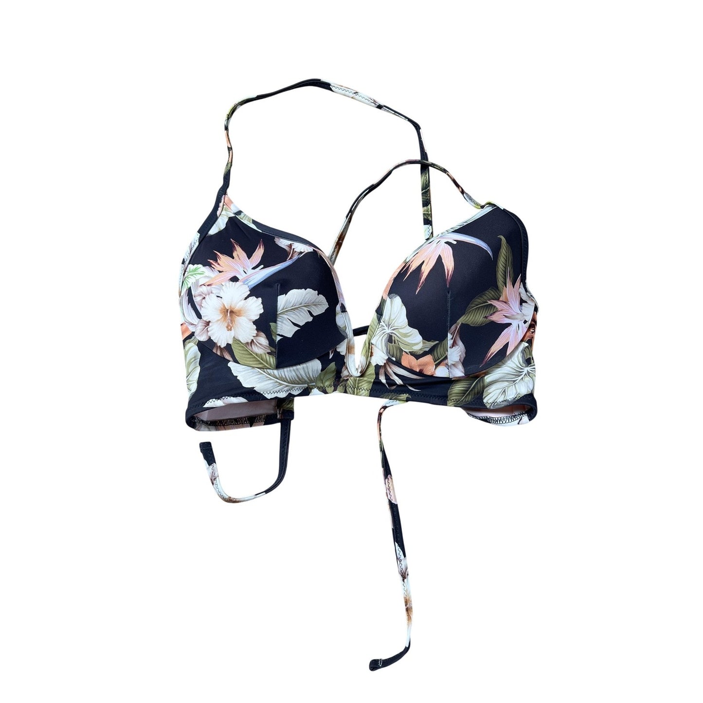 Shade & Shore Swim Top Womens 34C Black Floral Padded Lined Underwired
