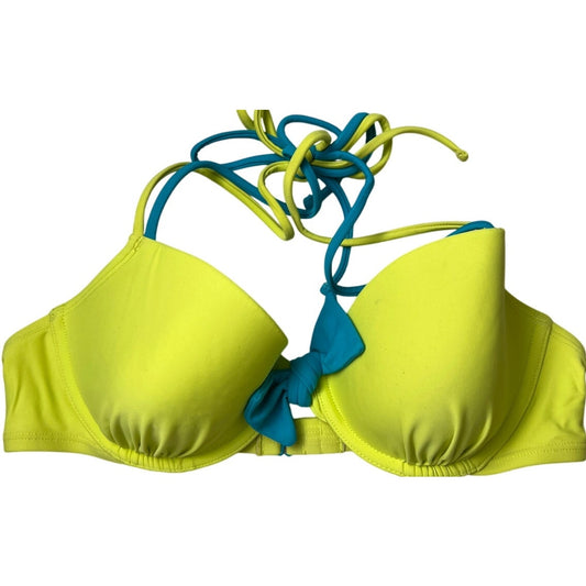 Aerie 34C Neon Yellow Swimwear Bikini Top Blue Bowtie Adjustable Halter Top