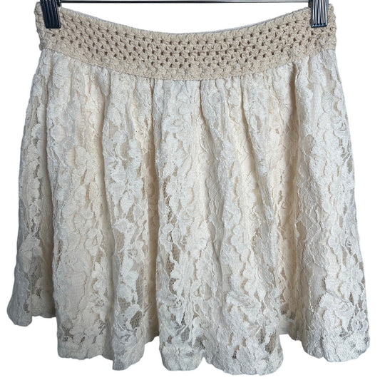 Y2K Deb Lace Tan Skirt Small Elastic Waist Knit Detail