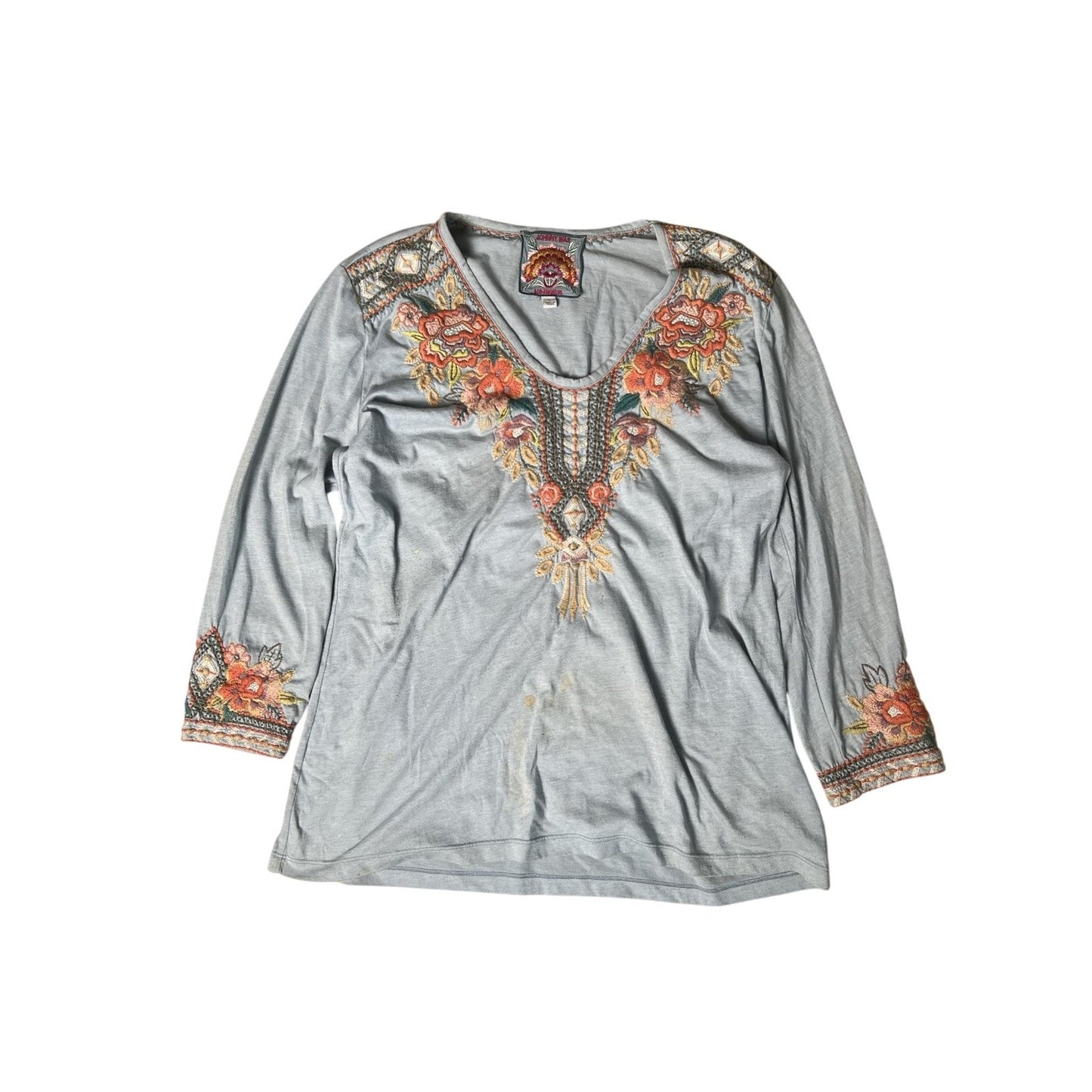 Johnny Was Tunic Womens S Blue V-Neck Embroidered Floral Lightweight Pullover