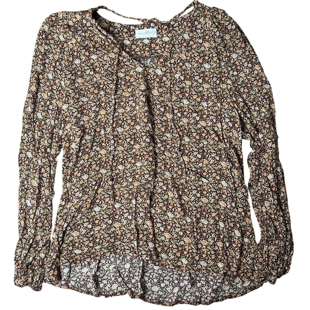 Natural Life Blouse Womens M Brown Tunic Floral Rayon Puff Sleeve Casual
