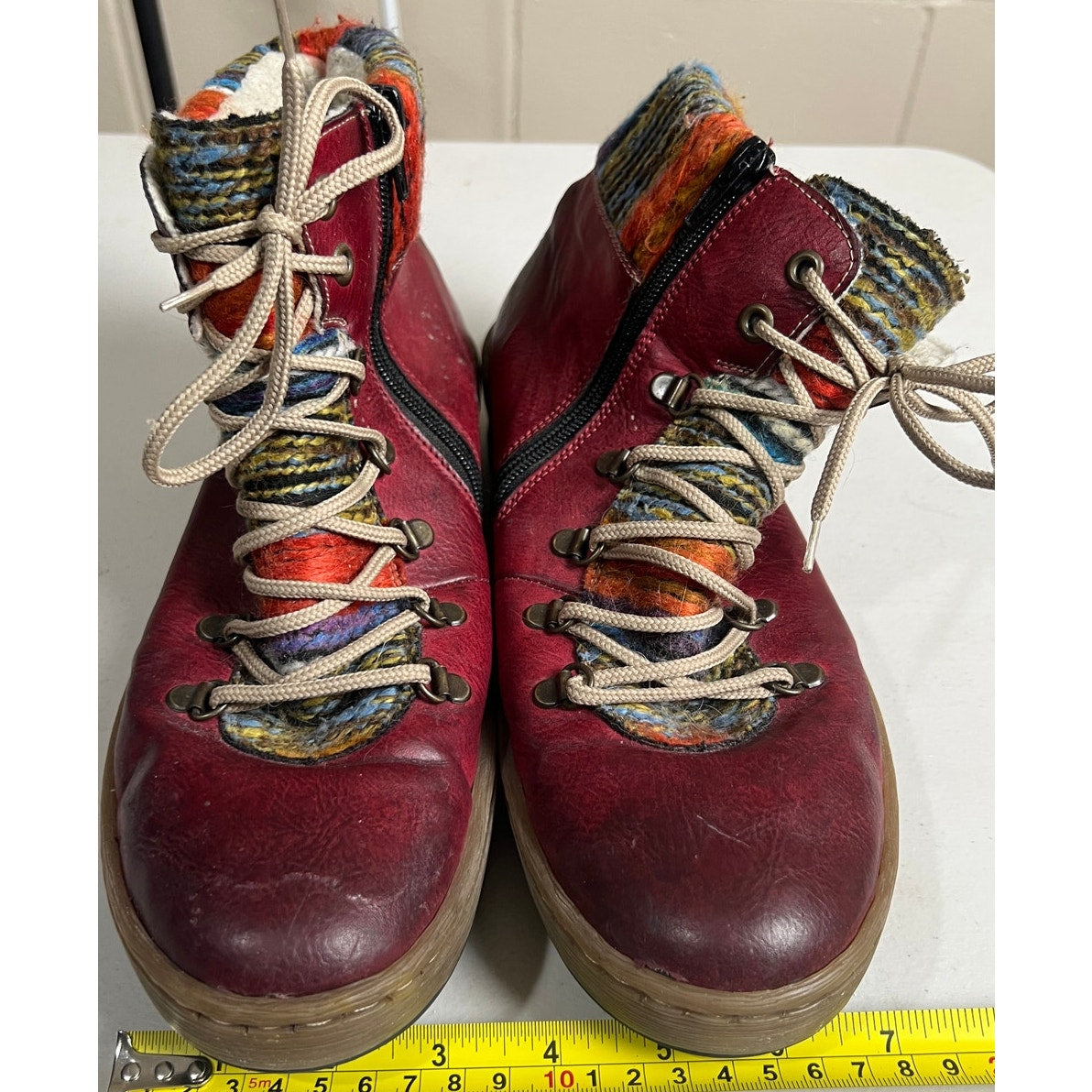 Rieker Womens 42 Felicitas Ankle Boots Red Sherpa Lined Side Zip Lace Up