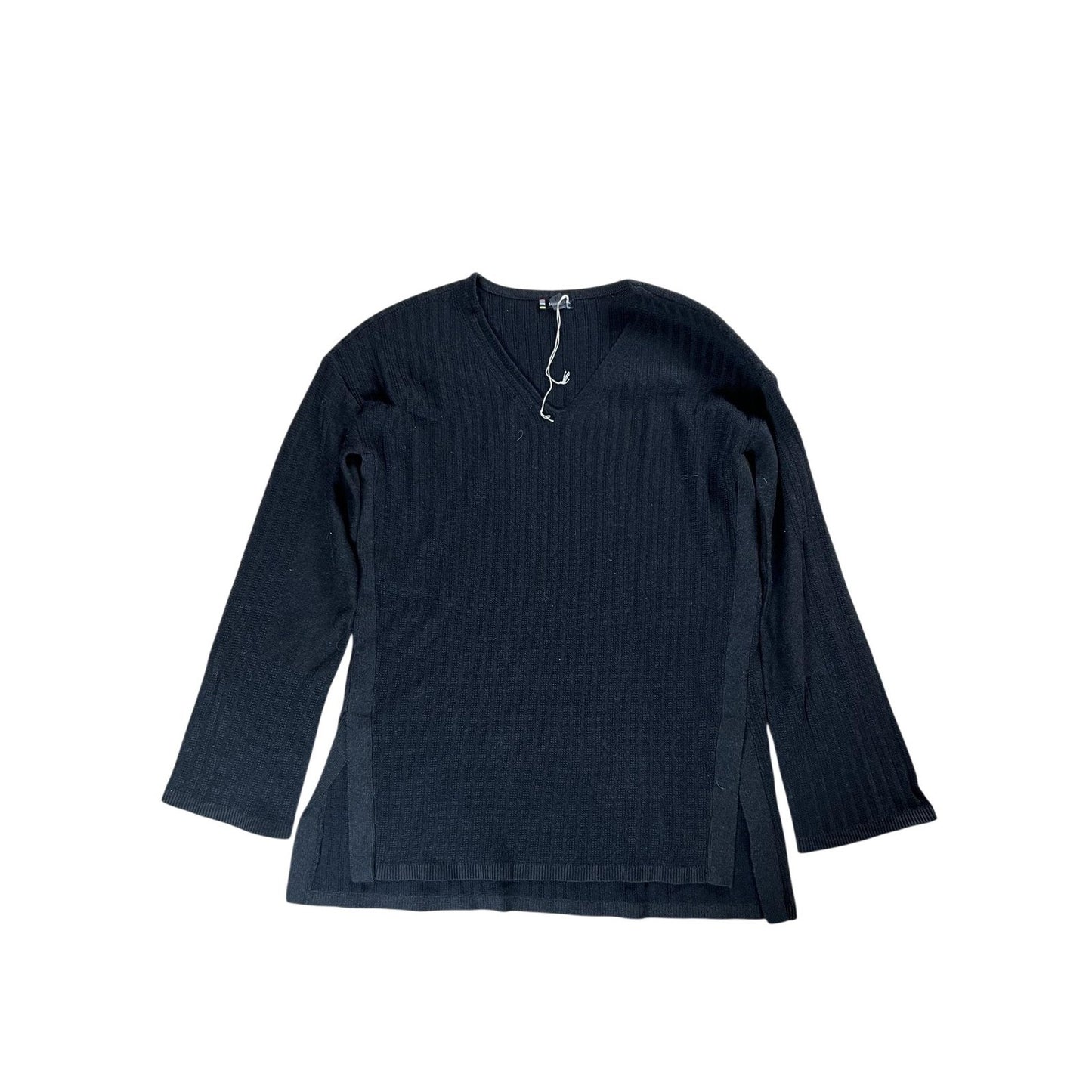 SmartWool Sweater Womens M Black Tunic V-Neck Ribbed Knit Stretch Relaxed Logo