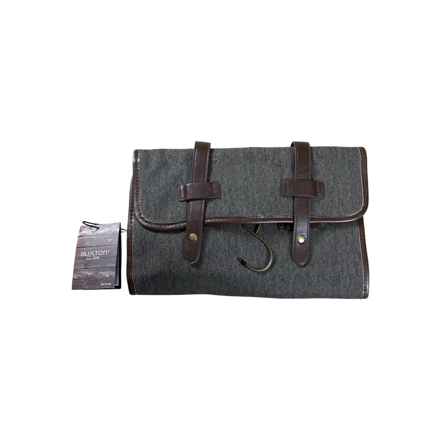 Buxton Clutch Mens Small Brown Canvas Faux Leather Lined Hanging Travel Kit