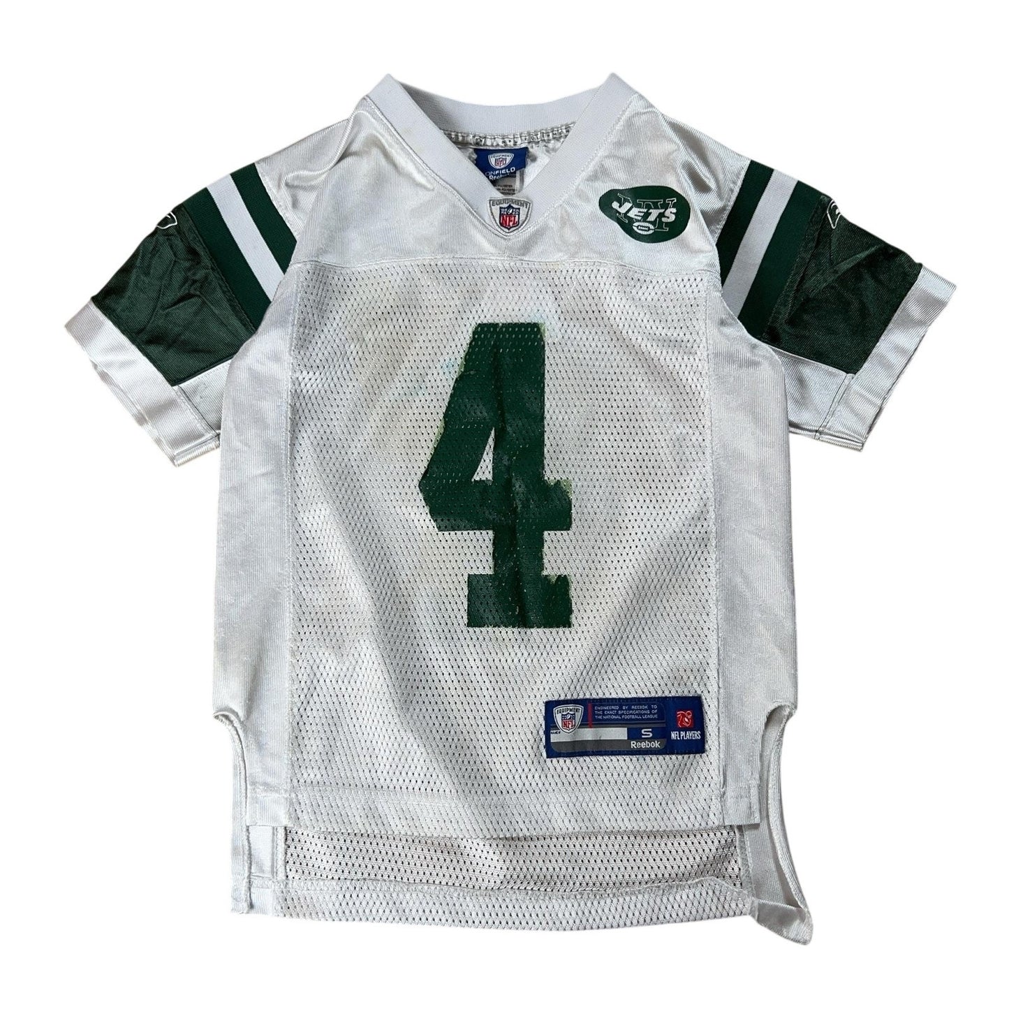 Reebok Teens S White Jersey T-Shirt Favre 4 New York Jets Mesh V-Neck NFL