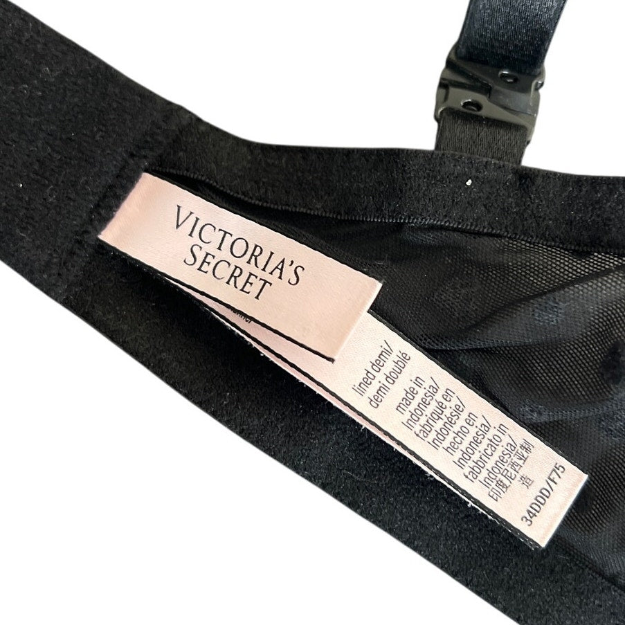 Victoria’s Secret Black Bra 34DDD Lined Demi Velvet Heart Printed Under Wire