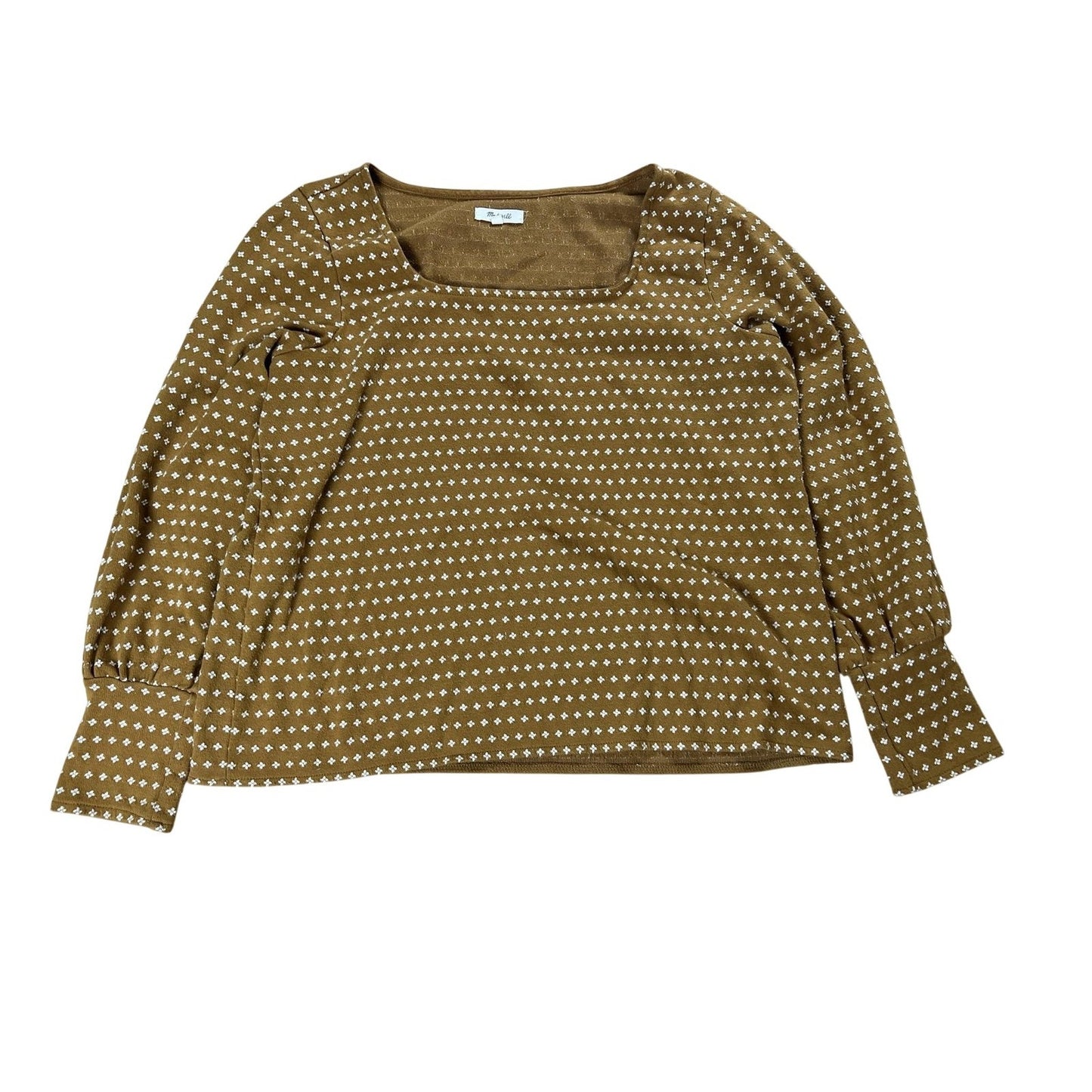Madewell T-Shirt Womens XL Brown Square Neck Puff Sleeve Knit Geometric Stretch