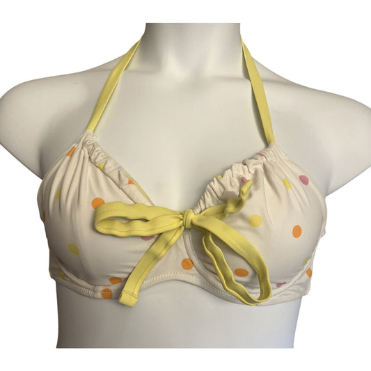 Ivory Rose Underwire Bikini Swim Halter Top Size 32DD White with Polka Dots EUC