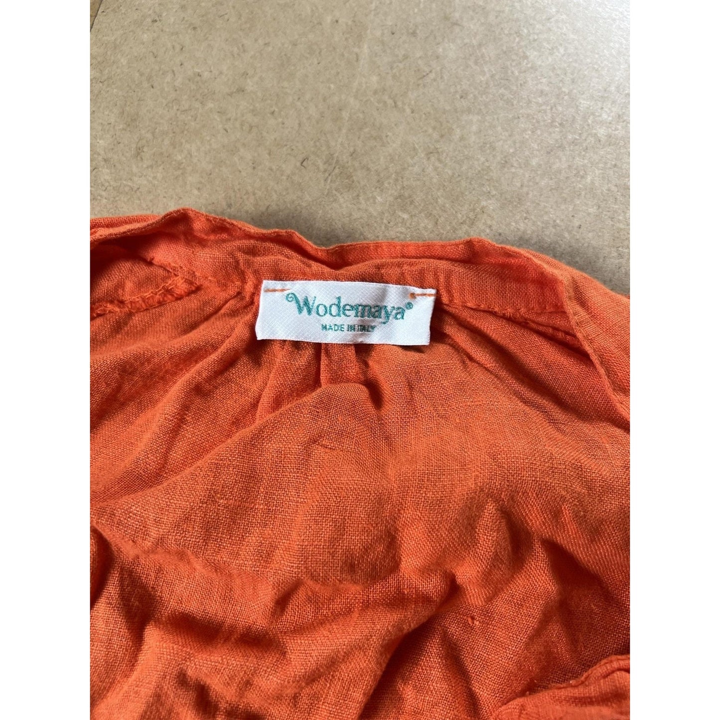 Wodemaya Dress Womens L Orange Blouson Short V-Neck Linen Ruffle Italy