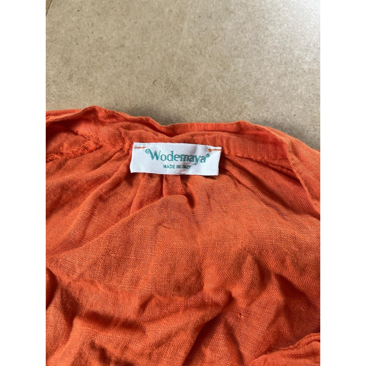 Wodemaya Dress Womens L Orange Blouson Short V-Neck Linen Ruffle Italy