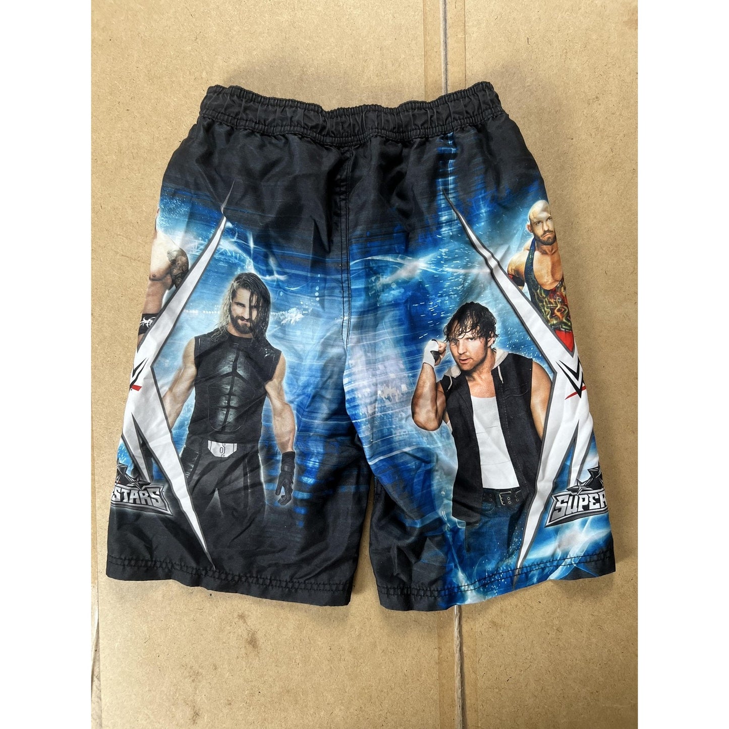 WWE Superstars Shorts Boys 6 Blue Wrestling Swim Trunks Elastic Waist Print
