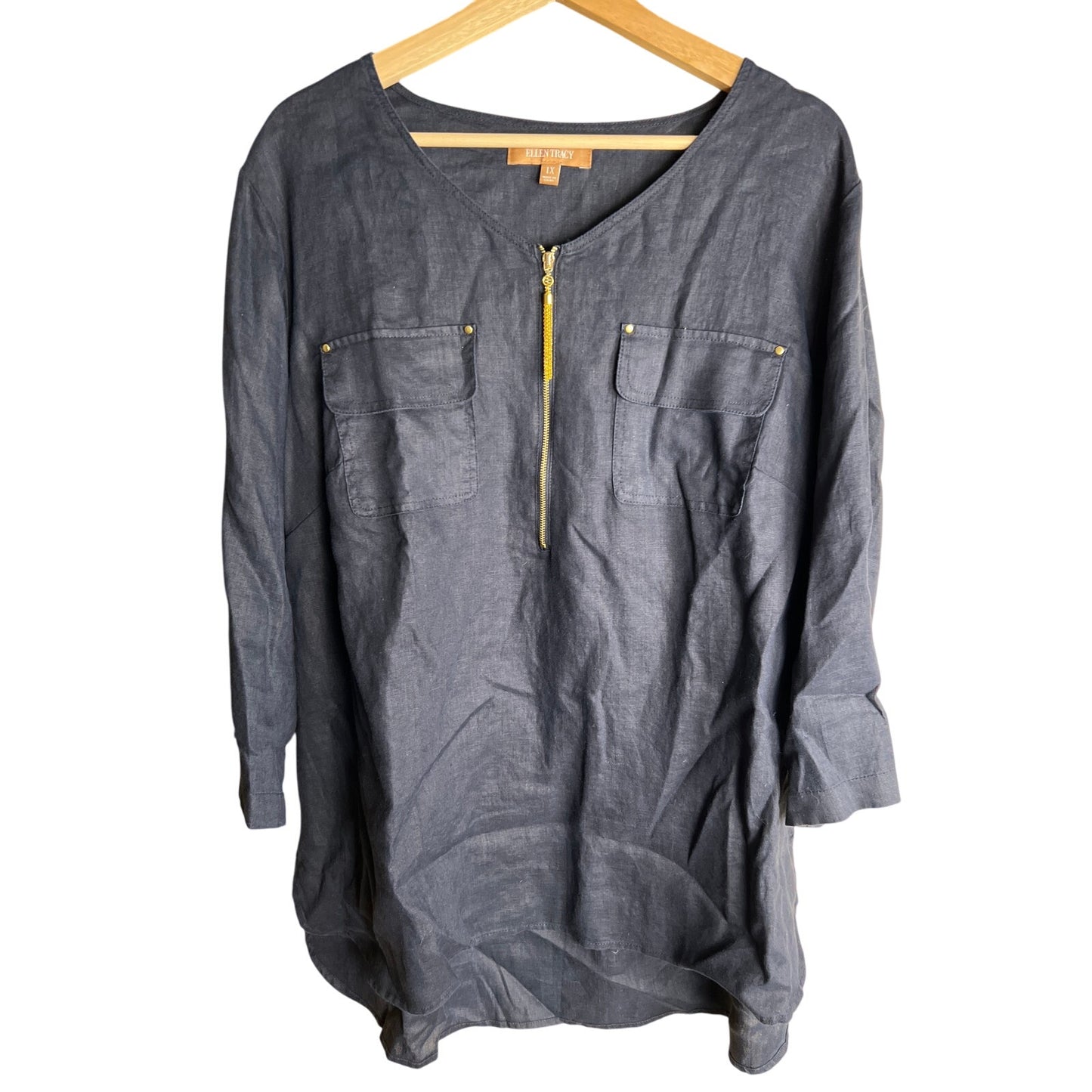 Ellen Tracy NWT XL 100% Linen E-Navy Top