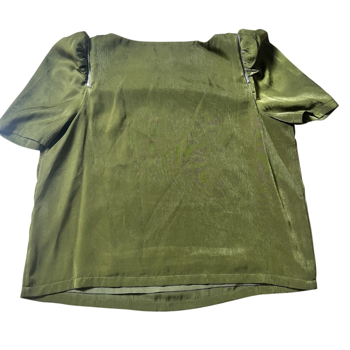 DKNY Blouse Womens XL Green Satin Square Neck Elegant Zip Ruffle Short Sleeve