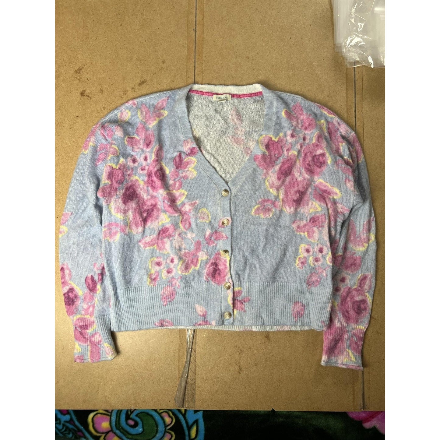 Sundance Cardigan Womens XL Blue Floral Lightweight V-Neck Button Knit