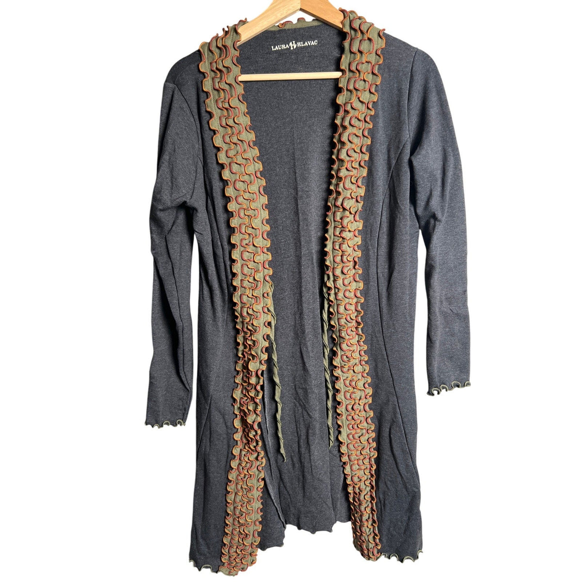 Laura Hlavac Ruffle Duster Sweater Cardigan Sophisticated Long tie front jacket Size M