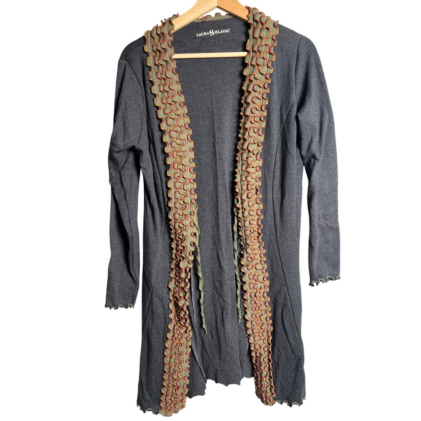 Laura Hlavac Ruffle Duster Sweater Cardigan Sophisticated Long tie front jacket Size M