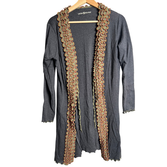 Laura Hlavac Ruffle Duster Sweater Cardigan Sophisticated Long tie front jacket Size M