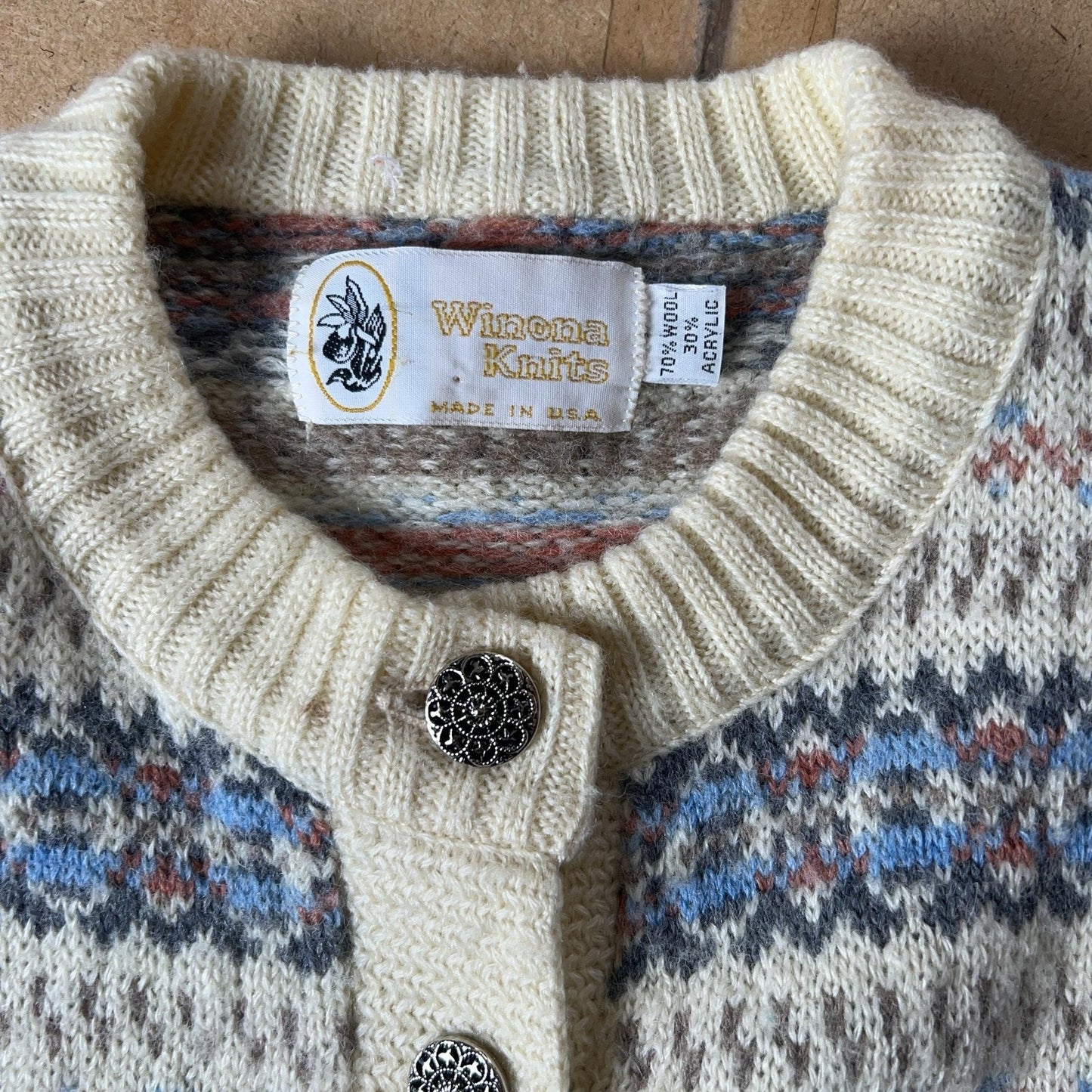 Winona Knits Cardigan Womens L White Cable-Knit Fair Isle Button USA Heavyweight