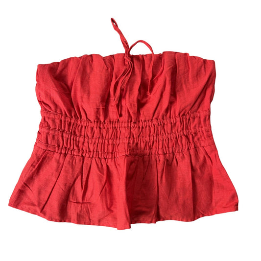 Tank Cropped Womens S Red Square Neck Ruffle Strap Elastic Waist Summer
