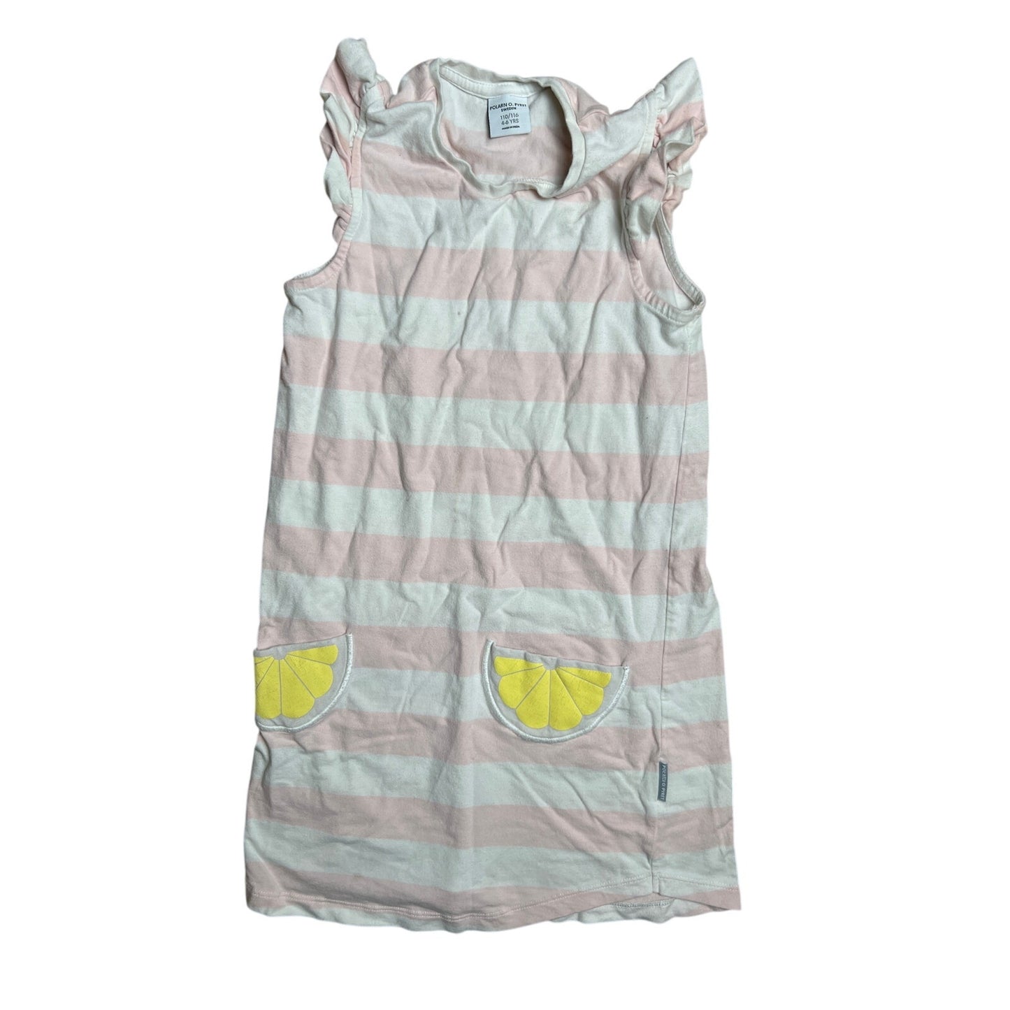 Polarn O. Pyret 4-6 Yrs Girl Pink/White Dress With Lemon Pocket Detail