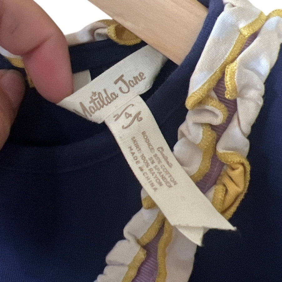 Matilda Jane Girls Sz 4 Country Damsel Dress Navy Yellow Ruffle Floral