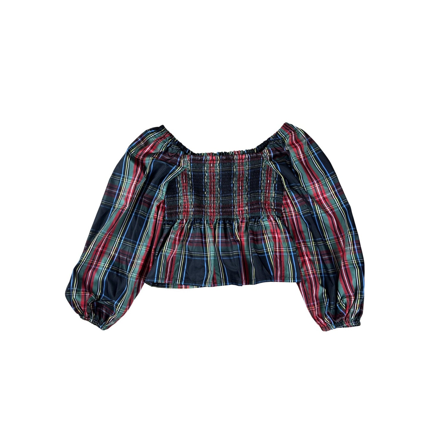 J.CREW Blouse Womens M Multicolor Cropped Off The Shoulder Balloon Sleeve Plaid