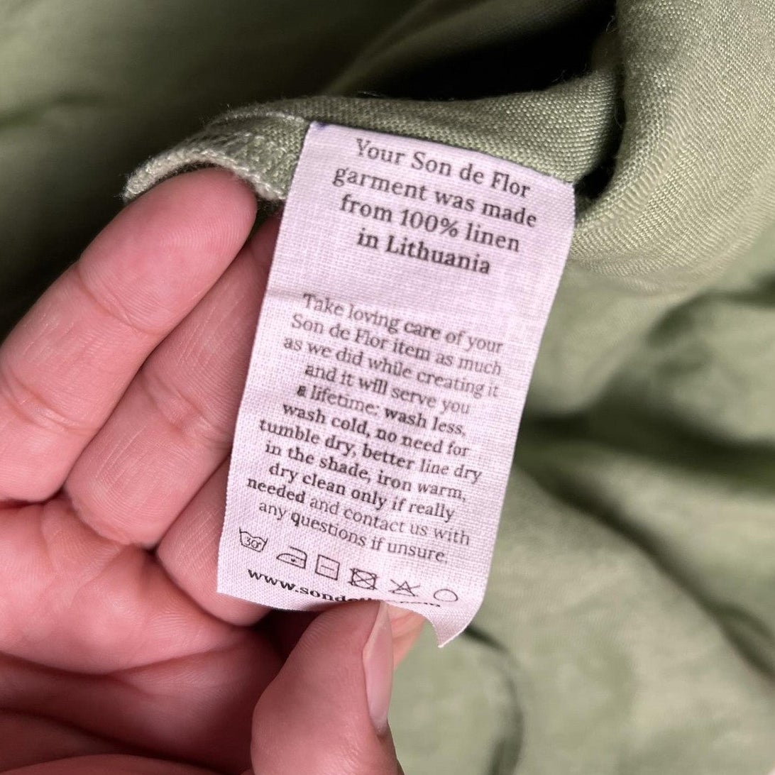 Son de Flor Dress Womens XS Green Linen Sundress Midi Square Neck Button
