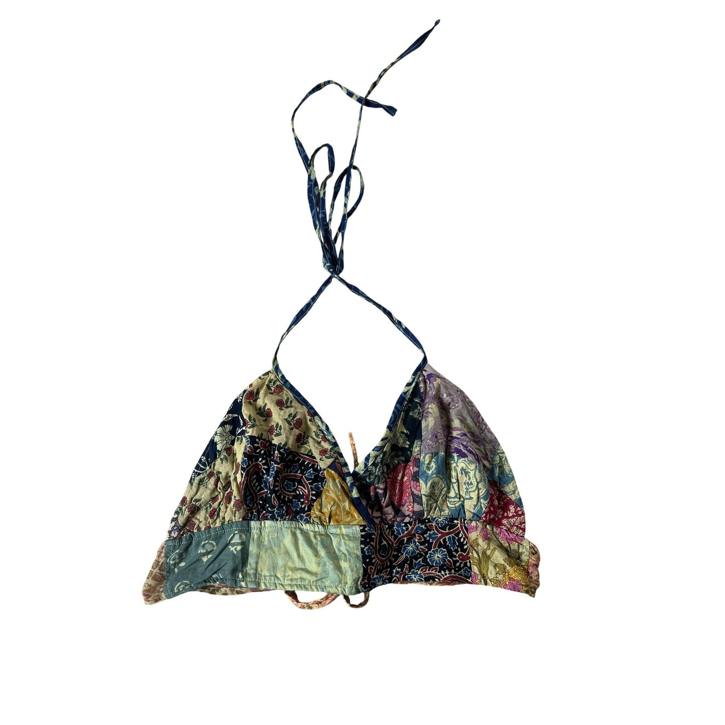 Hippie Forever Top Womens S Multicolor Patchwork Cotton Halter Adjustable Bow