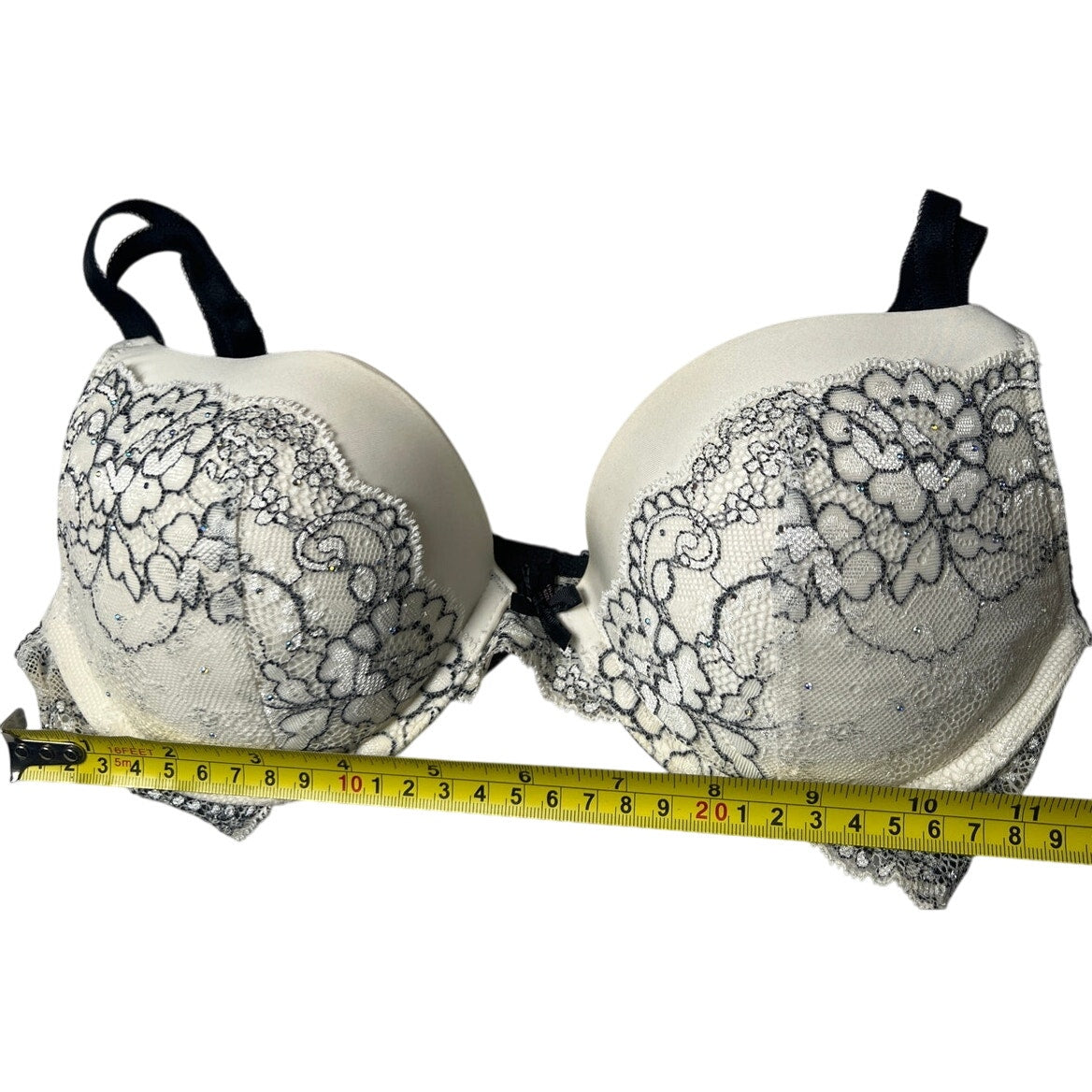 Victoria's Secret Dream Angel Lined Demi Rhinestone White Black Bra Size 32D