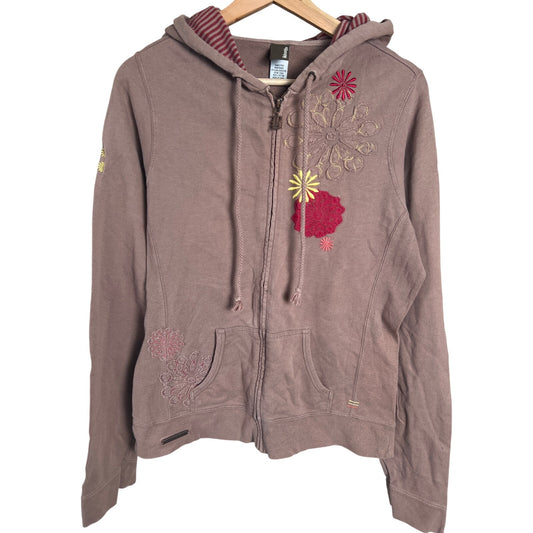 Y2K Billabong Zip Up Brown XL Hoodie Floral Detail