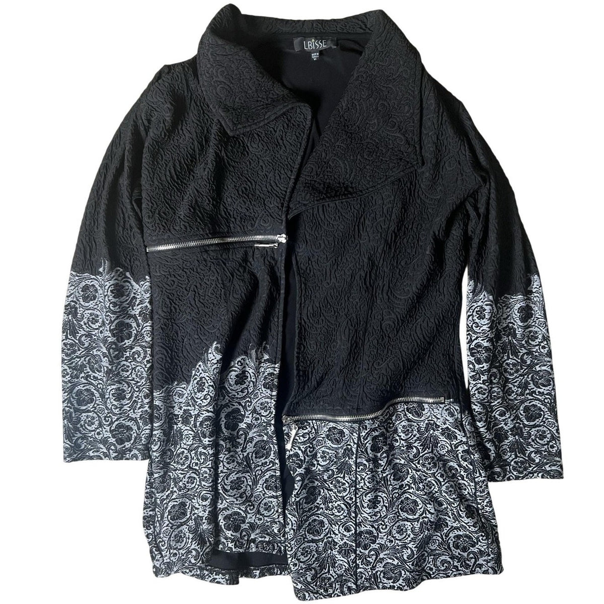 LBISSE Sweater Womens XL Black Full Zip Floral Knit Collared Pockets Stretch
