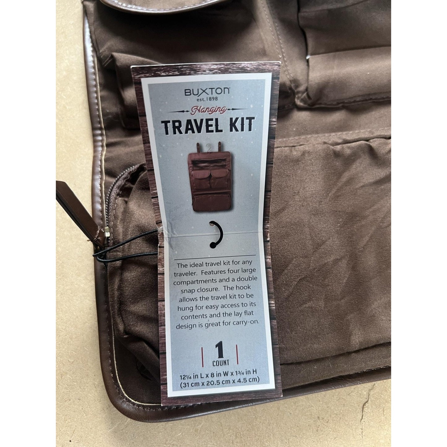 Buxton Clutch Mens Small Brown Canvas Faux Leather Lined Hanging Travel Kit