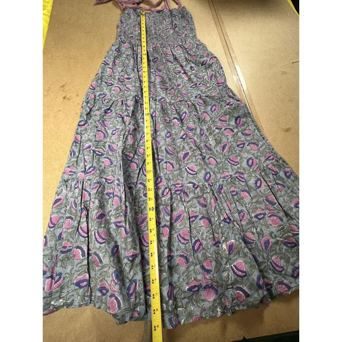 Growkrati Dress Womens L Gray Floral Maxi Square Strappy Ruffle Cotton Casual