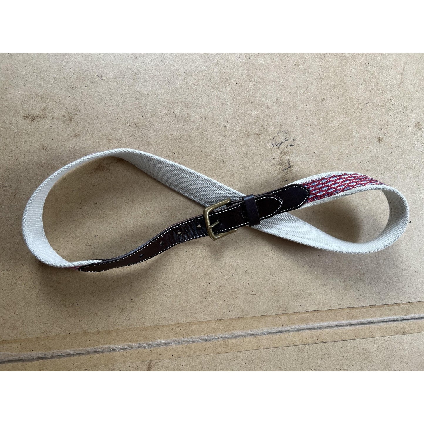Vineyard Vines Mens Woven Belt 38 White Cotton Leather Striped Logo Buckle