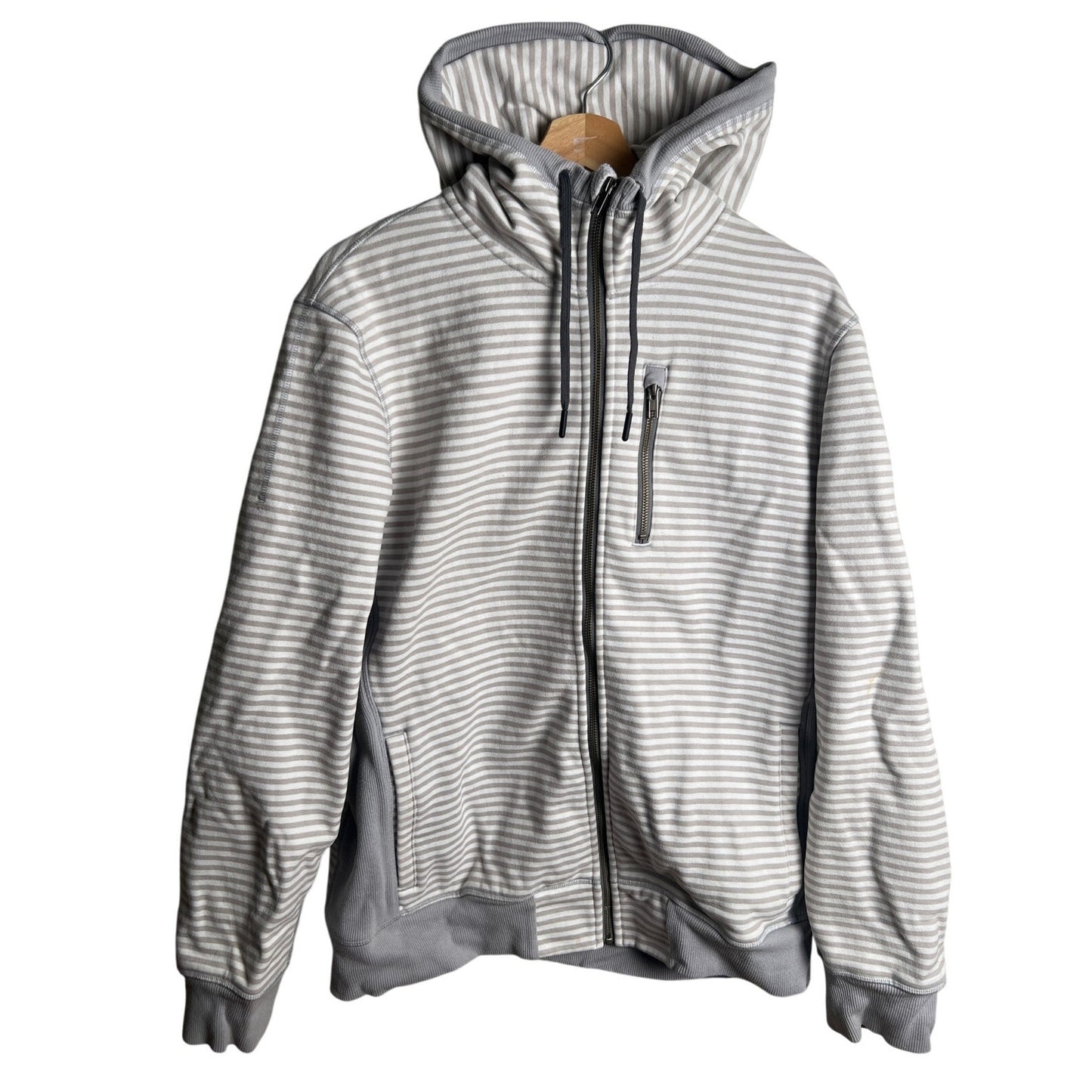 Lululemon Men Size L Grey-Brown / White Striped Zip Up Hooded Sweatshirt