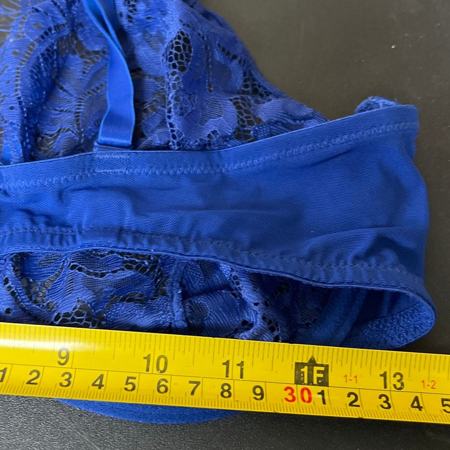 Adore Me 36DD Bra Plunge Blue Floral Lace Sheer Studded Underwire
