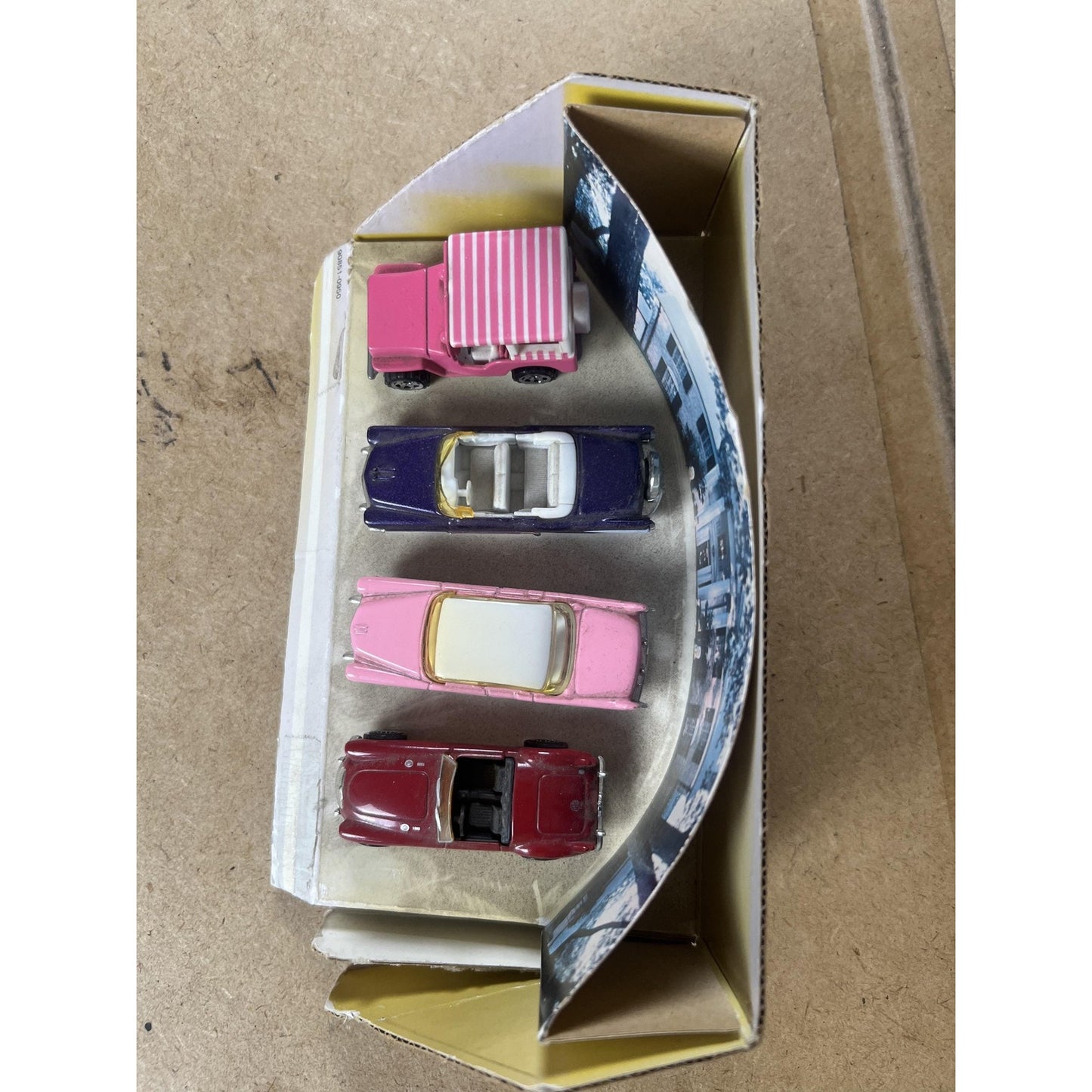 Diecast Toy Car Lot Of 4 Pink Purple Red Mini Cars In Display Box Collectible