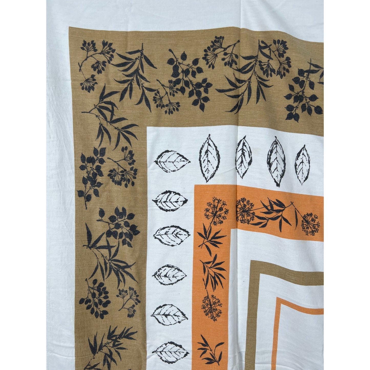Vintage Cotton Tablecloth Mid Century Leaf Print Red Orange 56x52