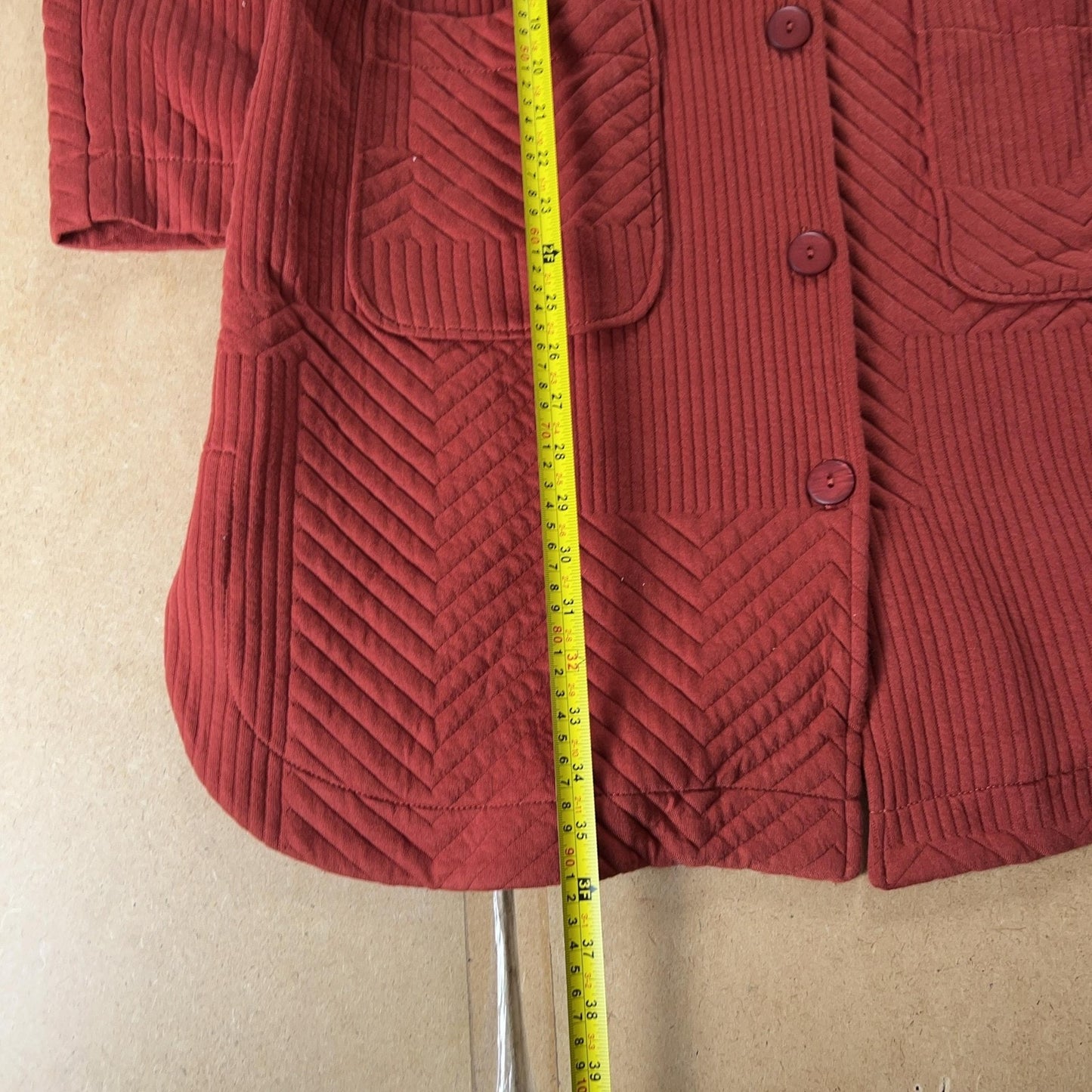 Tunic Button-Up Womens L Red Quilted Geometric Raglan Pocket Relaxed Stretch