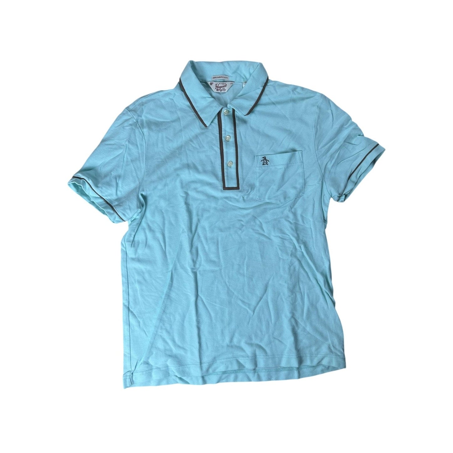 Original Penguin Polo Mens L Blue Heritage Slim Fit 100% Cotton Pocket